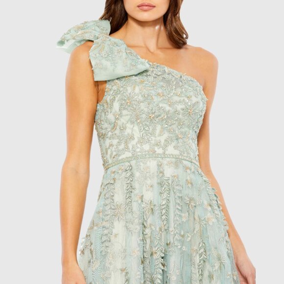 Mac Duggal 11177 Size 8 Sage Green Embellished Bow One Shoulder Aline Gown Dress - Picture 5 of 6